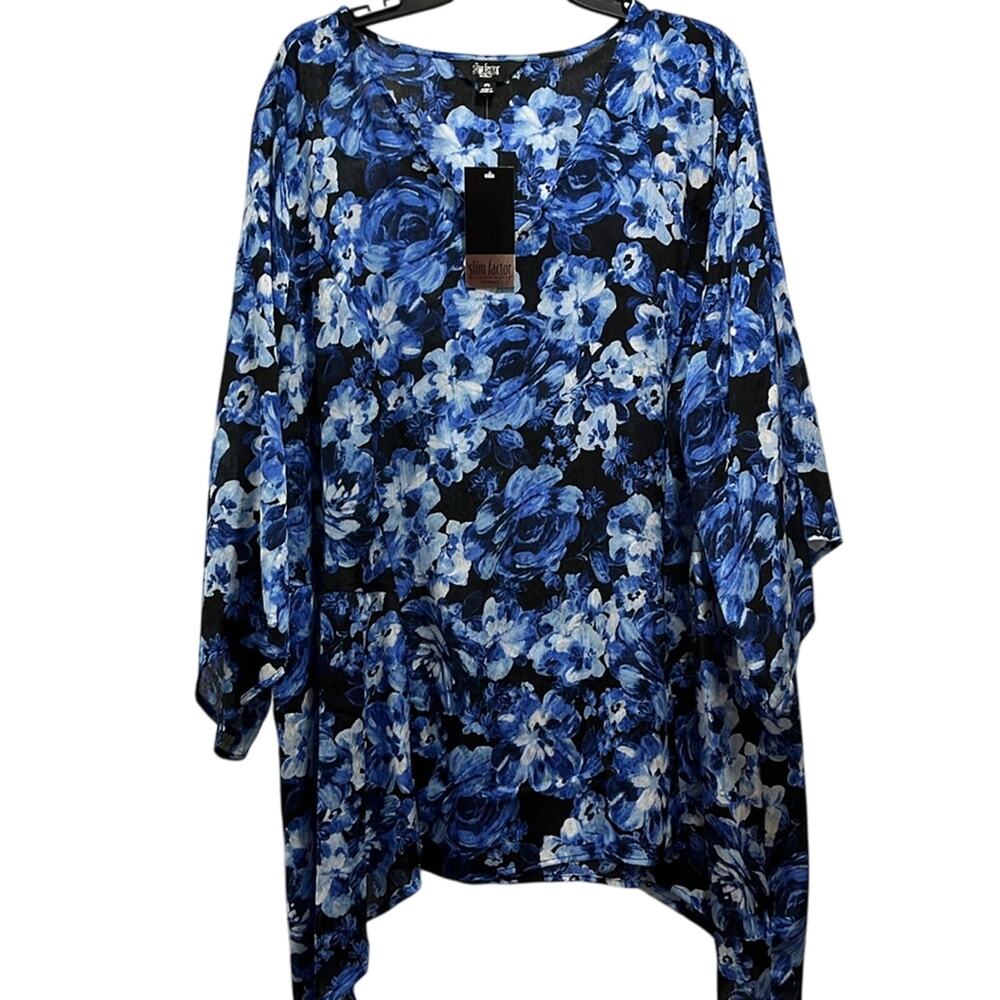 Slim Factor By Investments V Neck 3/4 Angled Sleeve Blue Top 3X - Picture 3 of 5